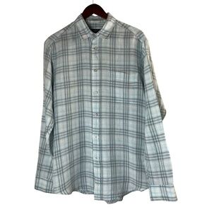 ZEGNA SPORT  Checked Linen Button Front Shirt in Light Blue and Gray Plaid Sz M